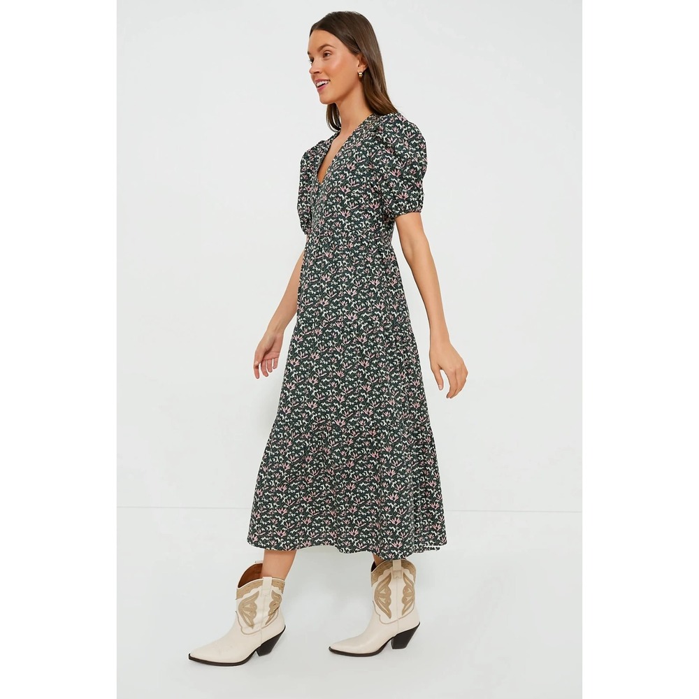 Hyacinth House Tuckernuck Green Floral Tiered Midi‎ Dress Puff Sleeve V-Neck XS - Picture 2 of 10